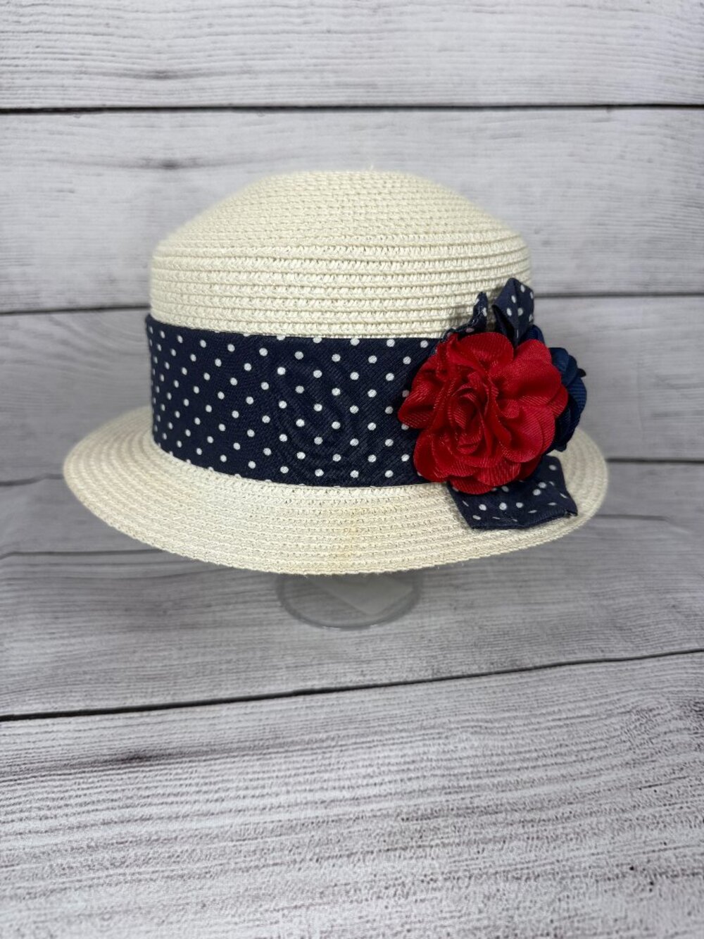 Mayoral Girls Straw Hat Polka Dot Band Red Flower Summer Dress Hat Size 50